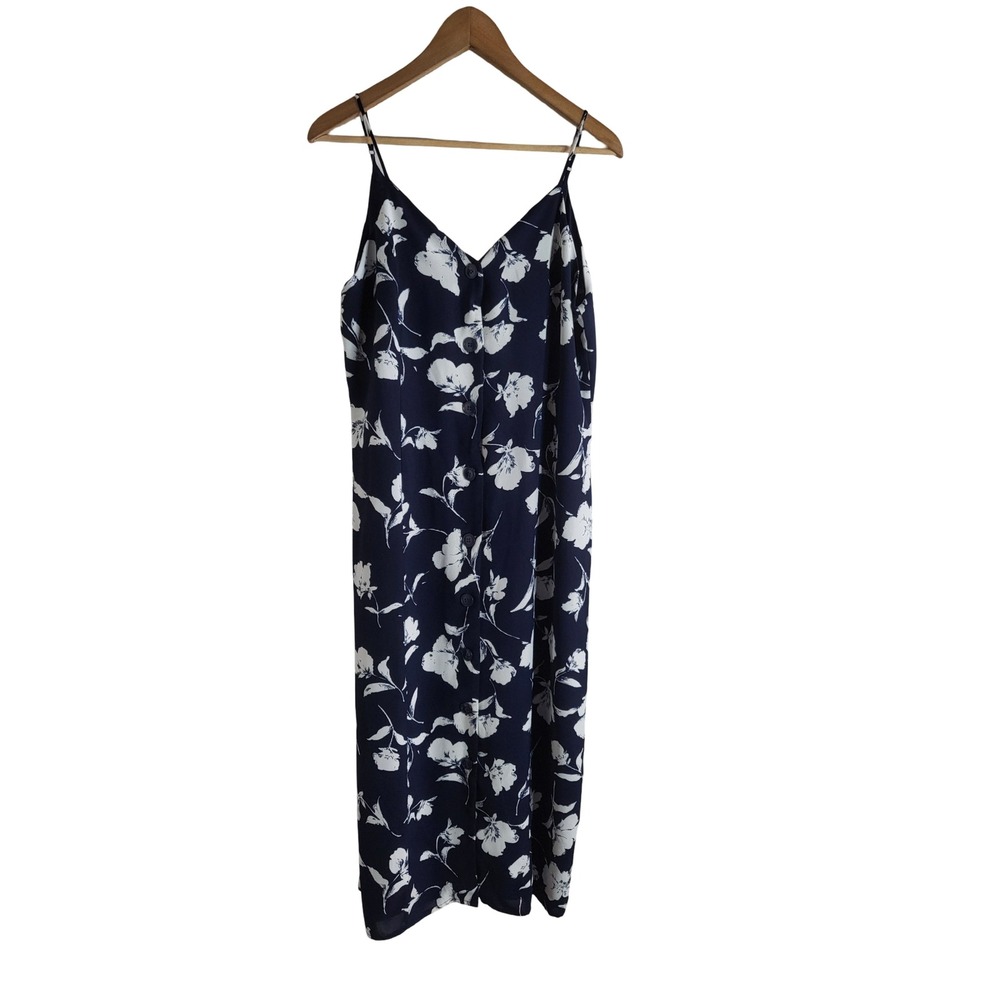 Everly Navy Blue White Floral Button Front Midi Dress L Romantic Botanical